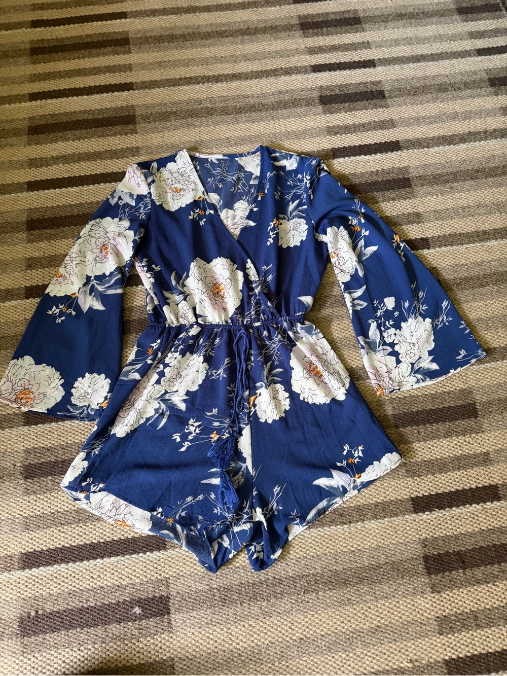Navy Floral Wrap Romper with Bell Sleeves